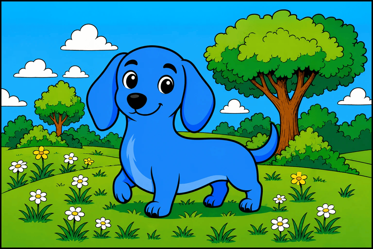 Dash standing happily in a meadow
