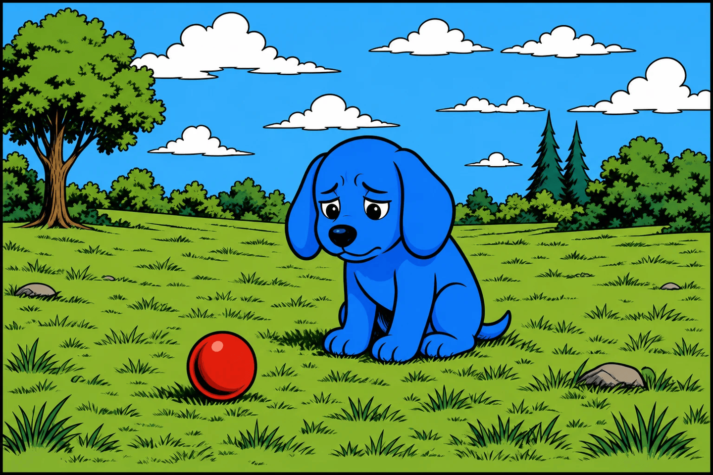Dash waiting in a field with a ball