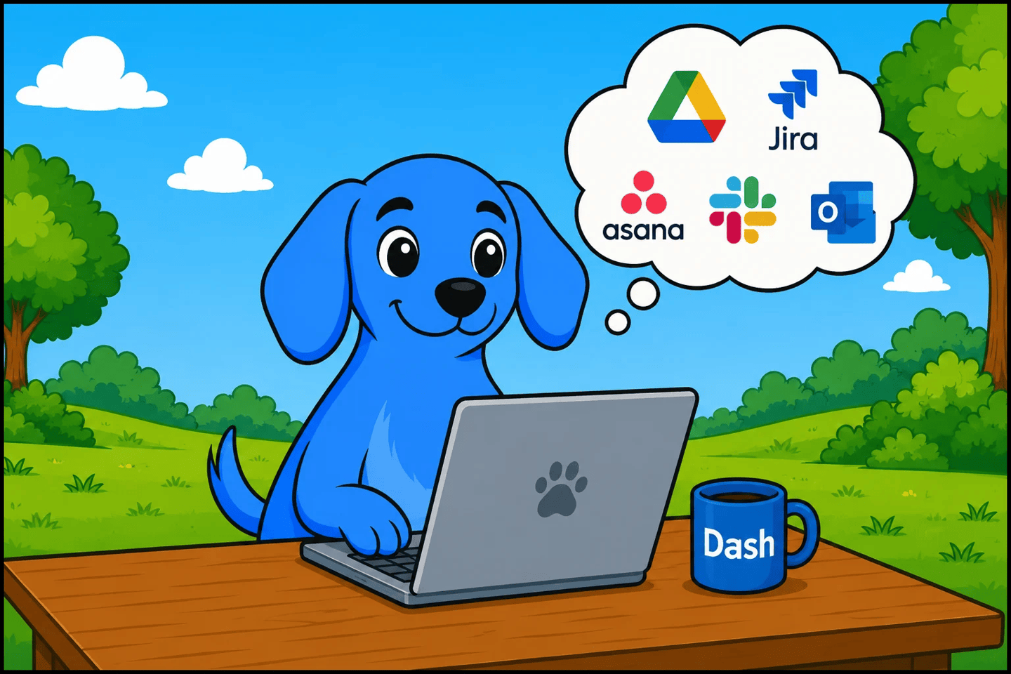 Dash working at a laptop, thinking about integrations