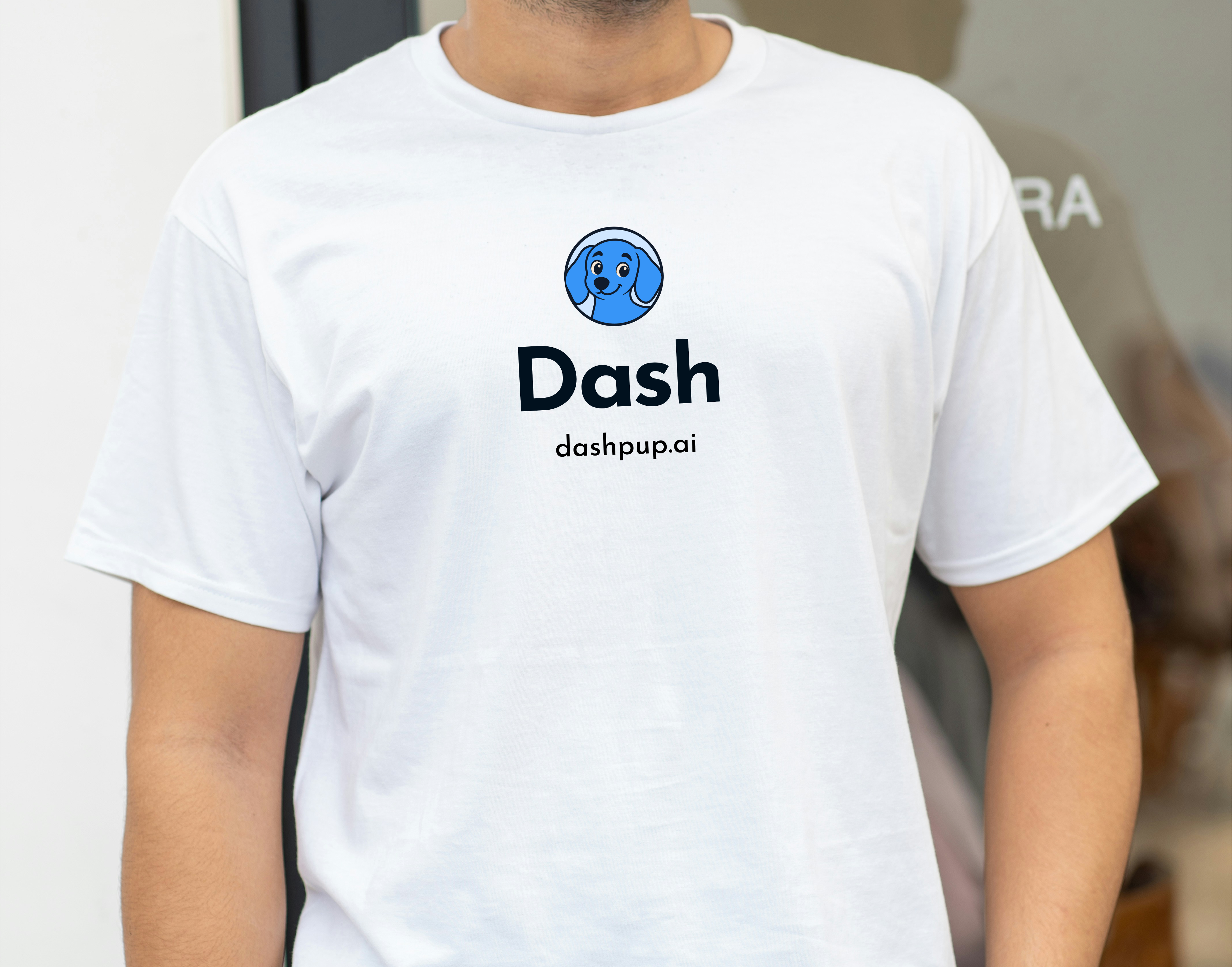 White t-shirt with Dash logo lockup