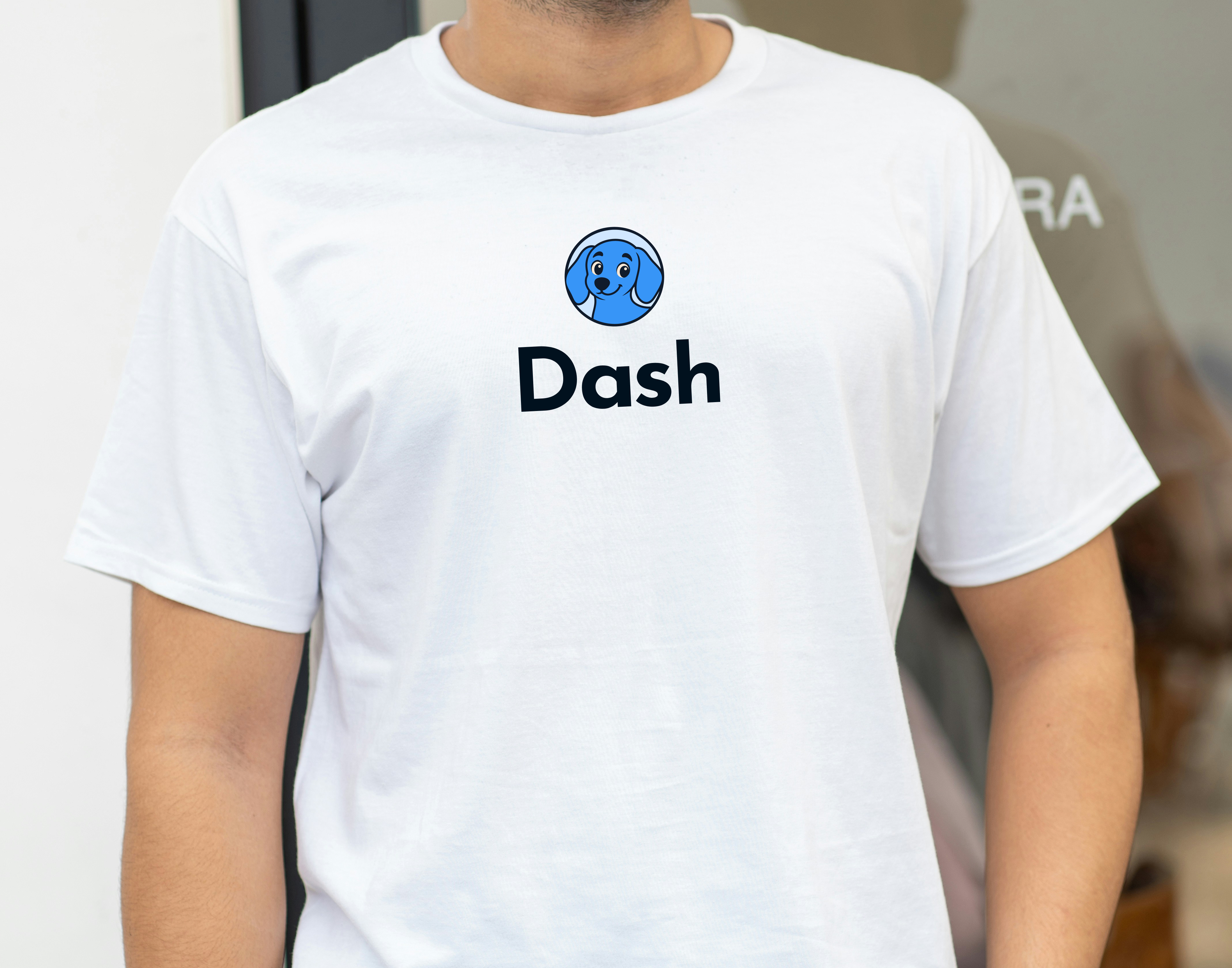 White t-shirt with Dash logo lockup — front