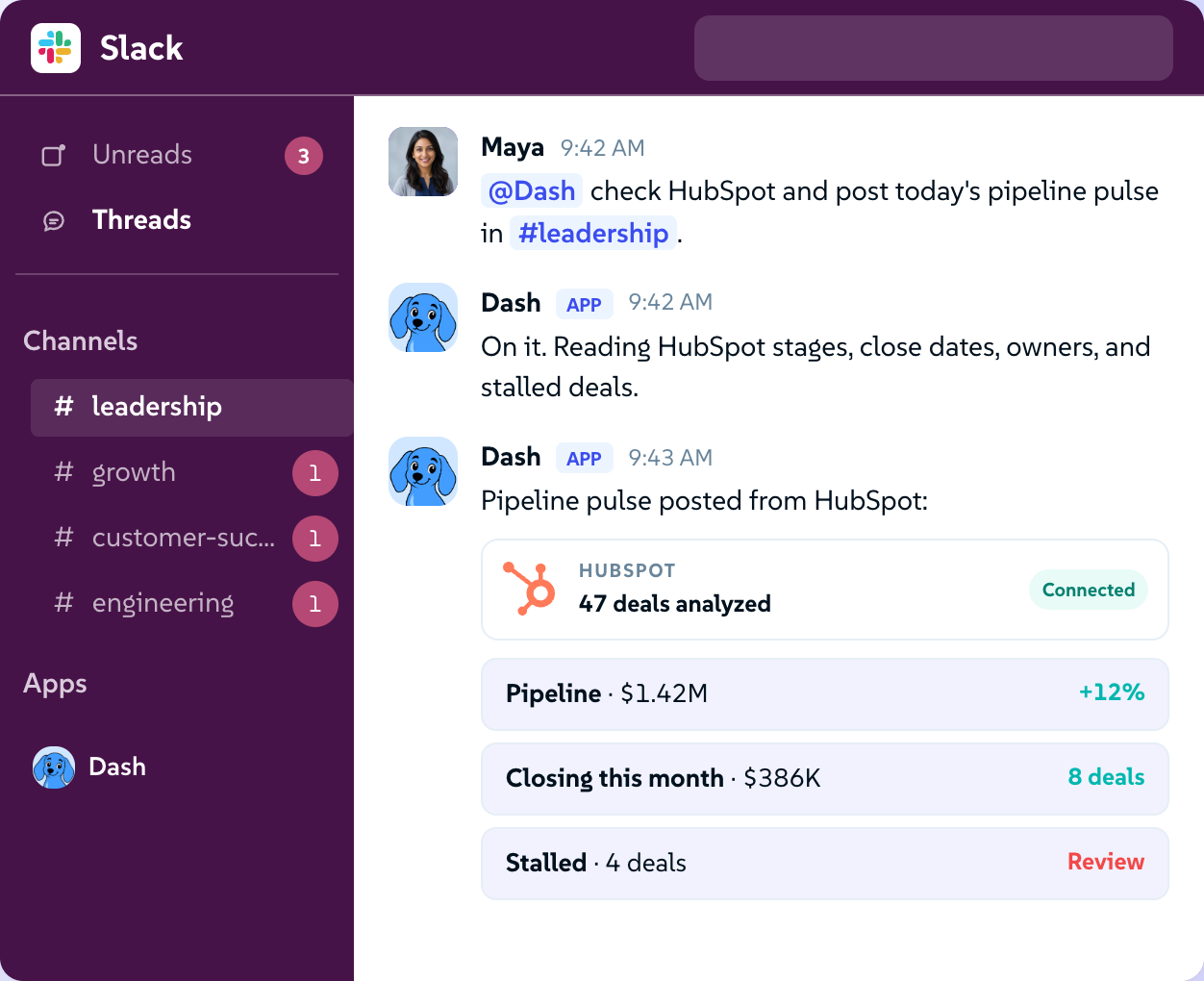 Slack conversation: Dash posts a pipeline pulse from HubSpot